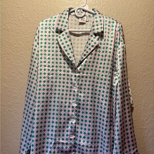 Princess Polly Pink Satin Pajama Shirt Teal Diamond Print Button Up Size 6